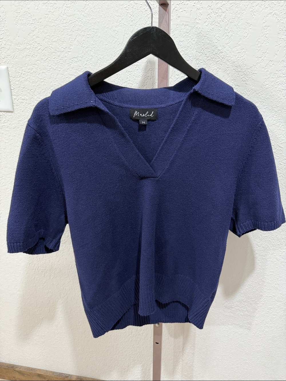 Women Navy Short Sleeve Polo Sweater Top